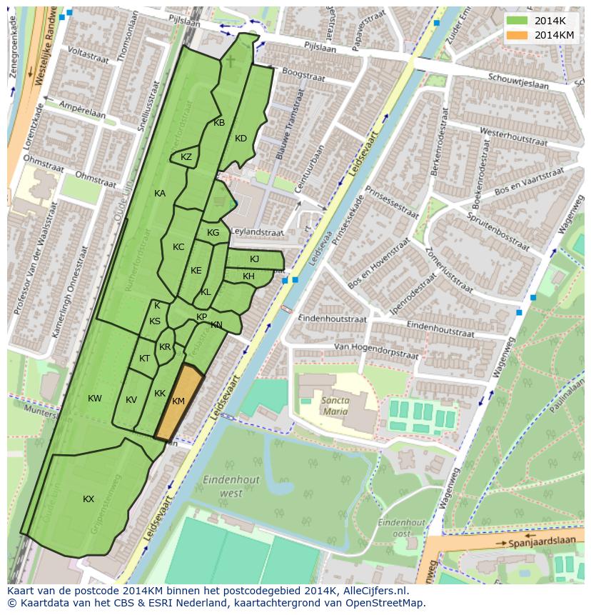 Afbeelding van het postcodegebied 2014 KM op de kaart.