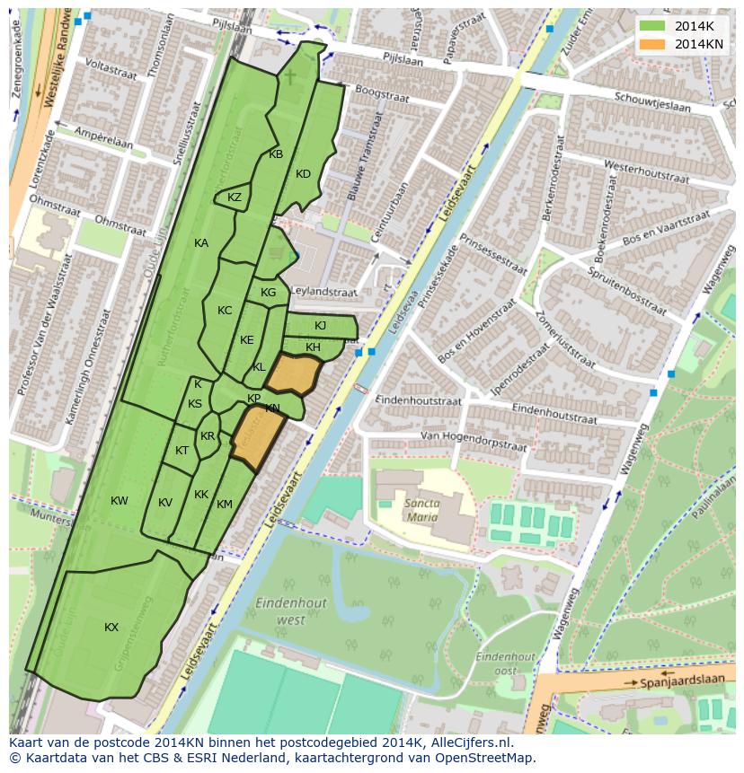 Afbeelding van het postcodegebied 2014 KN op de kaart.