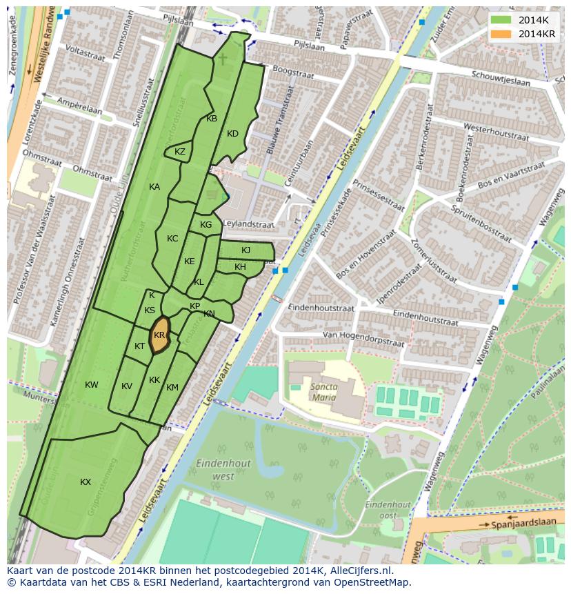 Afbeelding van het postcodegebied 2014 KR op de kaart.
