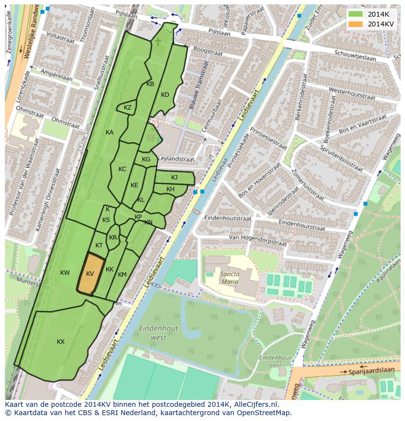 Afbeelding van het postcodegebied 2014 KV op de kaart.