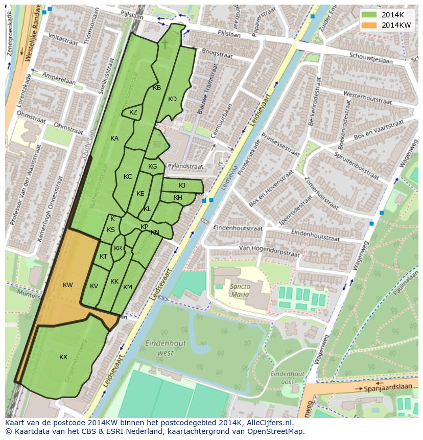 Afbeelding van het postcodegebied 2014 KW op de kaart.