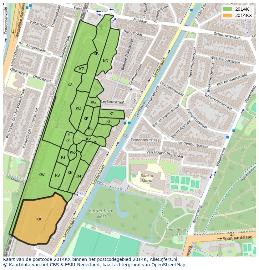 Afbeelding van het postcodegebied 2014 KX op de kaart.