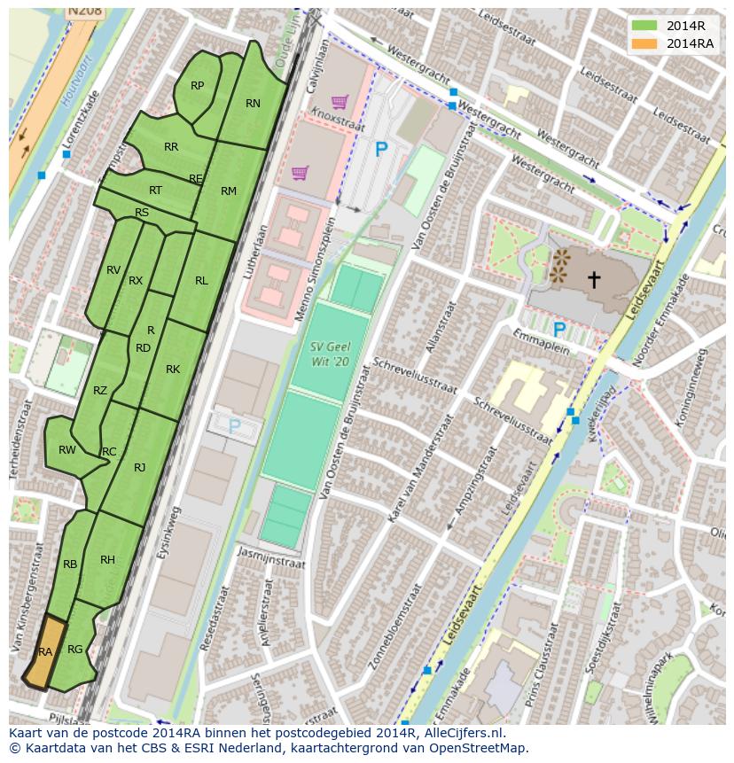 Afbeelding van het postcodegebied 2014 RA op de kaart.