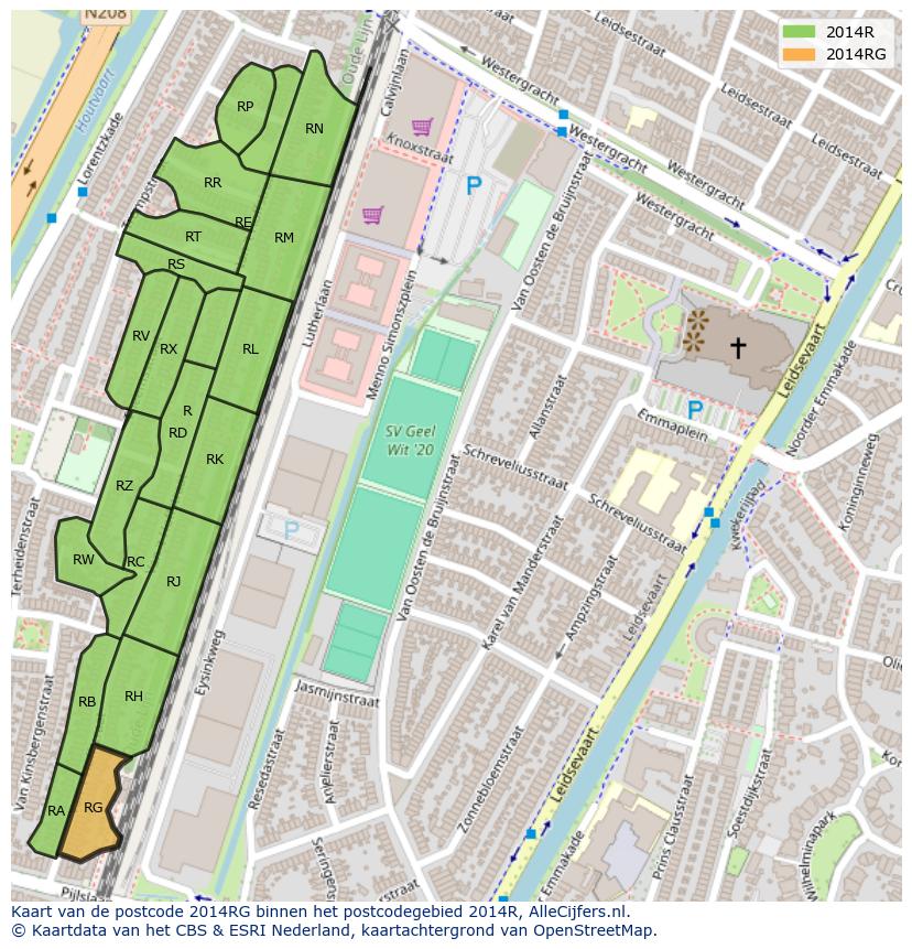 Afbeelding van het postcodegebied 2014 RG op de kaart.