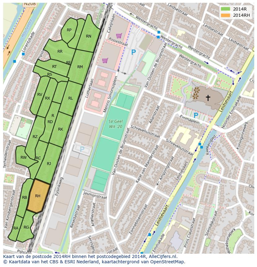Afbeelding van het postcodegebied 2014 RH op de kaart.