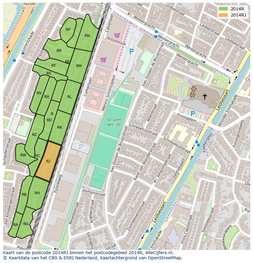 Afbeelding van het postcodegebied 2014 RJ op de kaart.