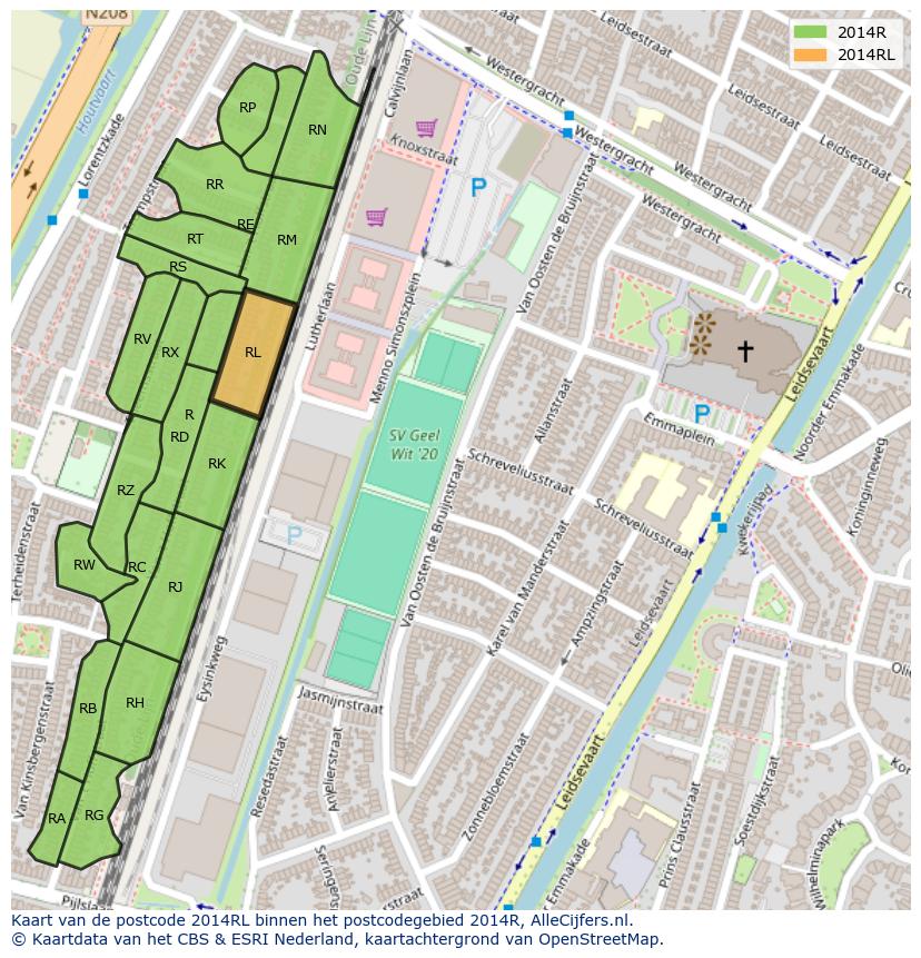 Afbeelding van het postcodegebied 2014 RL op de kaart.