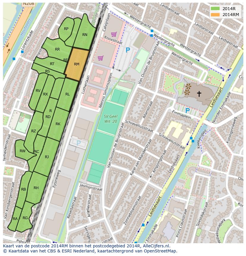 Afbeelding van het postcodegebied 2014 RM op de kaart.