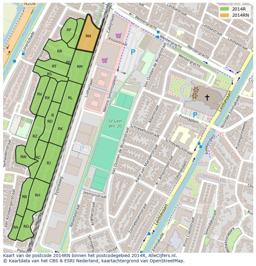 Afbeelding van het postcodegebied 2014 RN op de kaart.
