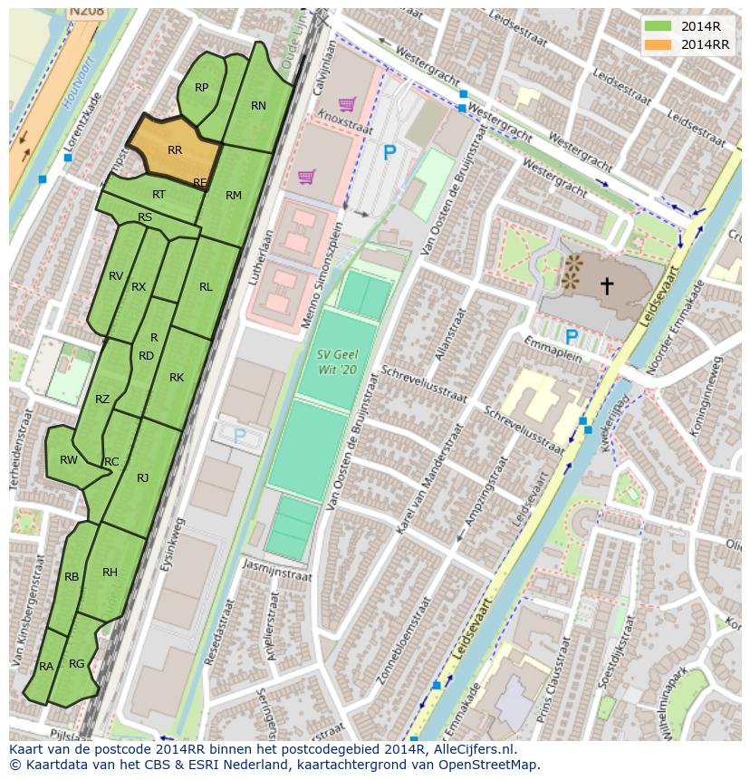 Afbeelding van het postcodegebied 2014 RR op de kaart.
