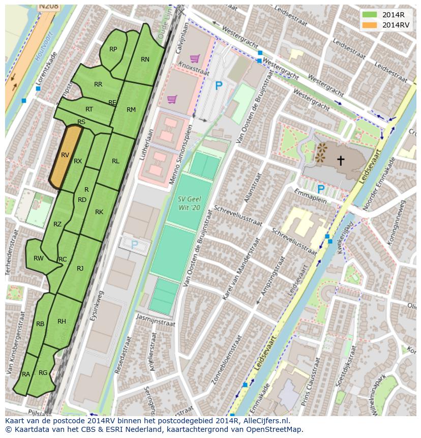 Afbeelding van het postcodegebied 2014 RV op de kaart.