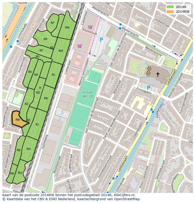 Afbeelding van het postcodegebied 2014 RW op de kaart.