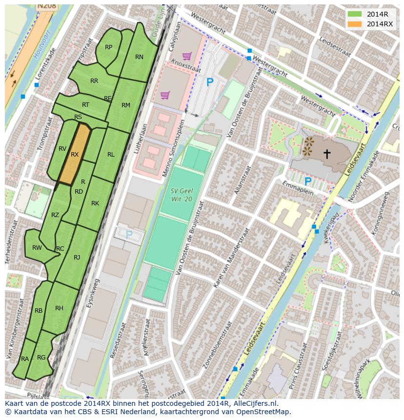 Afbeelding van het postcodegebied 2014 RX op de kaart.