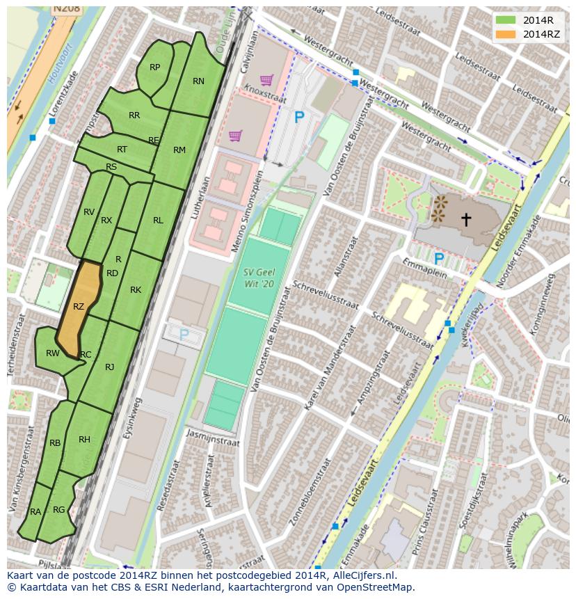 Afbeelding van het postcodegebied 2014 RZ op de kaart.