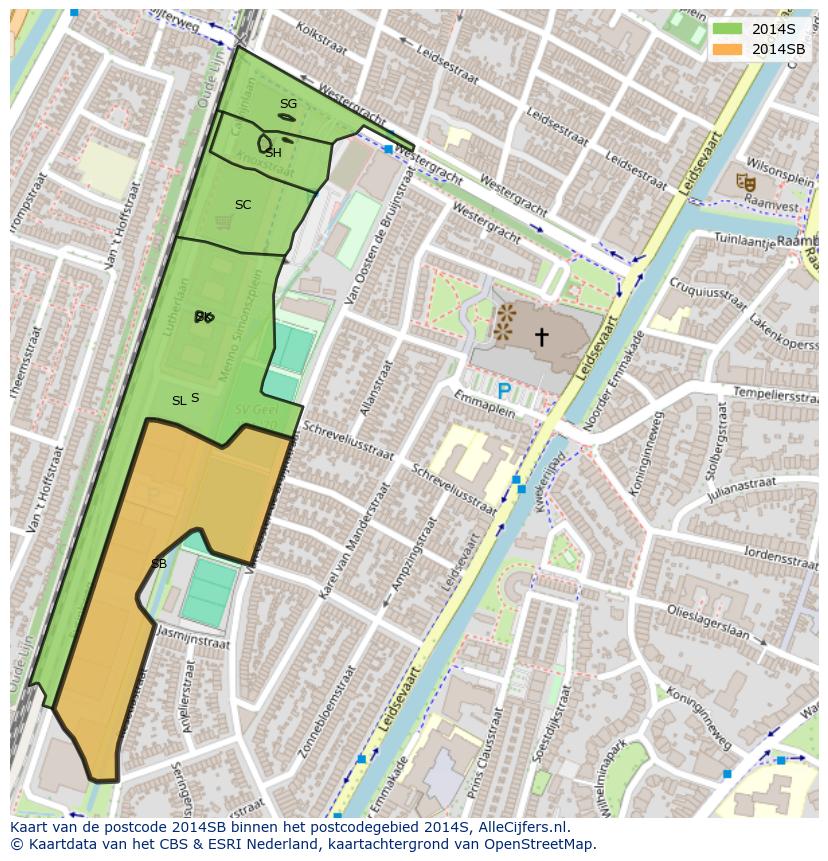 Afbeelding van het postcodegebied 2014 SB op de kaart.