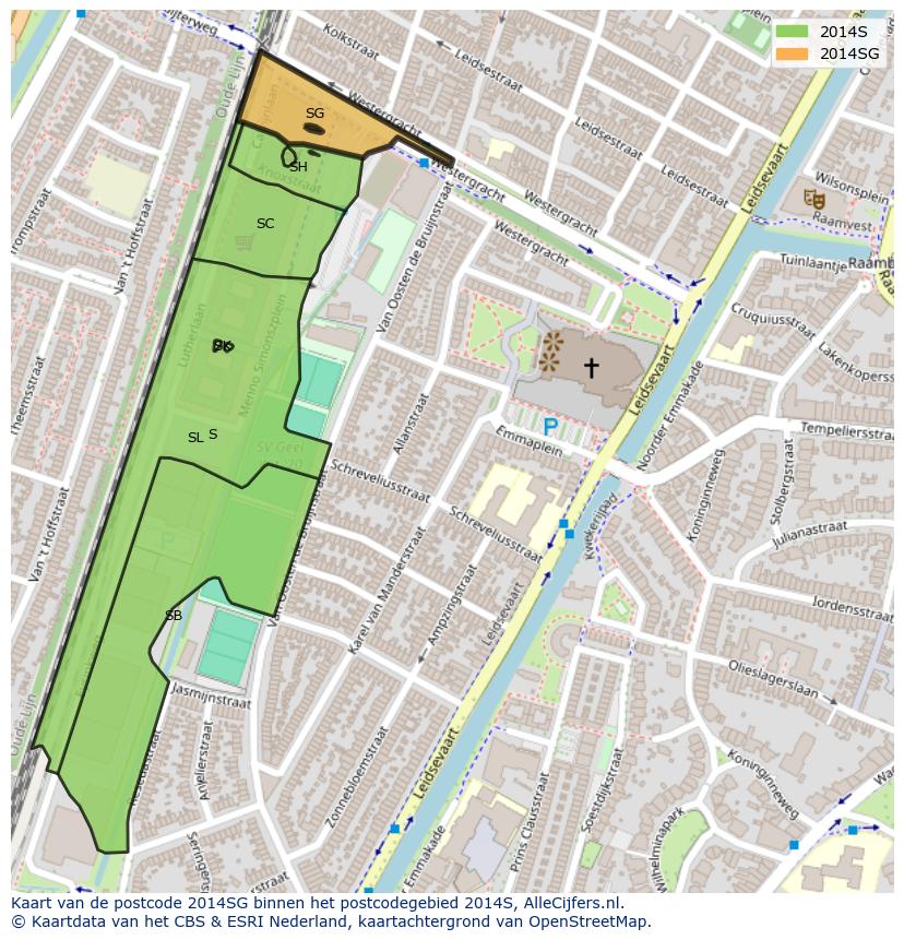 Afbeelding van het postcodegebied 2014 SG op de kaart.