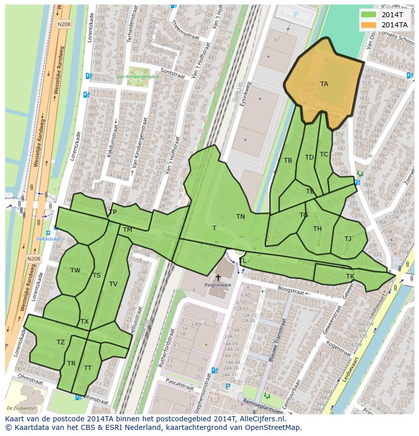 Afbeelding van het postcodegebied 2014 TA op de kaart.