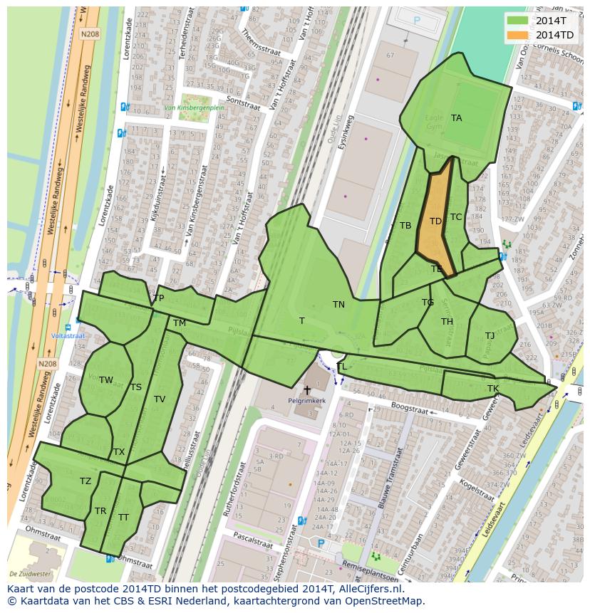 Afbeelding van het postcodegebied 2014 TD op de kaart.