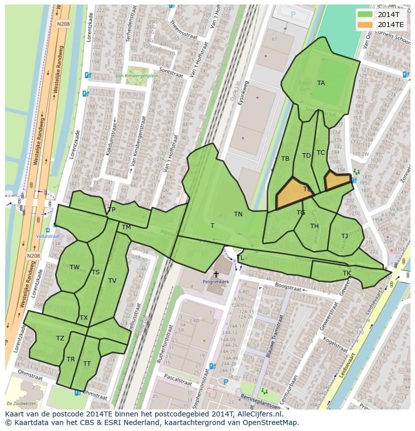 Afbeelding van het postcodegebied 2014 TE op de kaart.