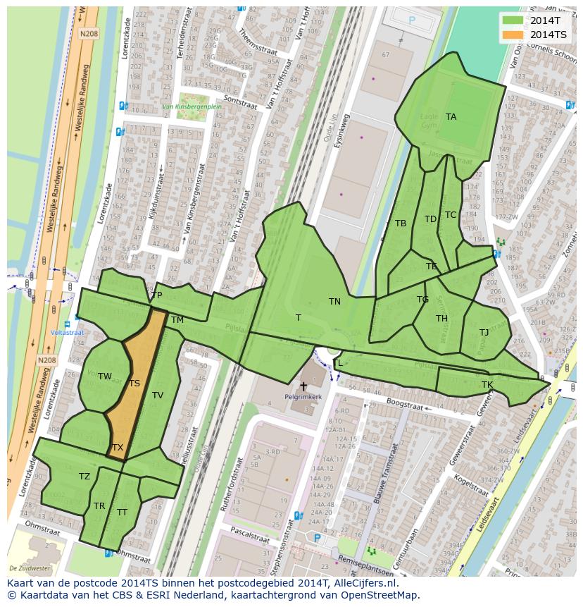 Afbeelding van het postcodegebied 2014 TS op de kaart.