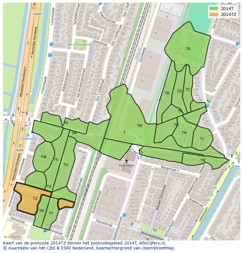 Afbeelding van het postcodegebied 2014 TZ op de kaart.