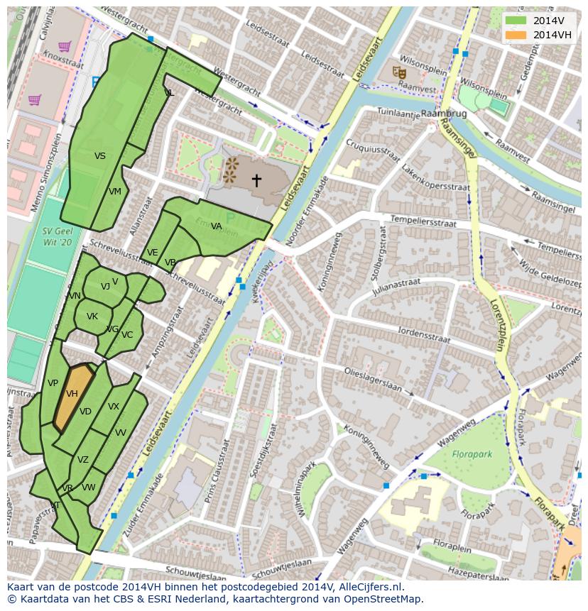 Afbeelding van het postcodegebied 2014 VH op de kaart.
