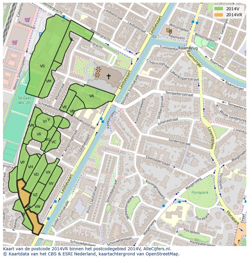 Afbeelding van het postcodegebied 2014 VR op de kaart.