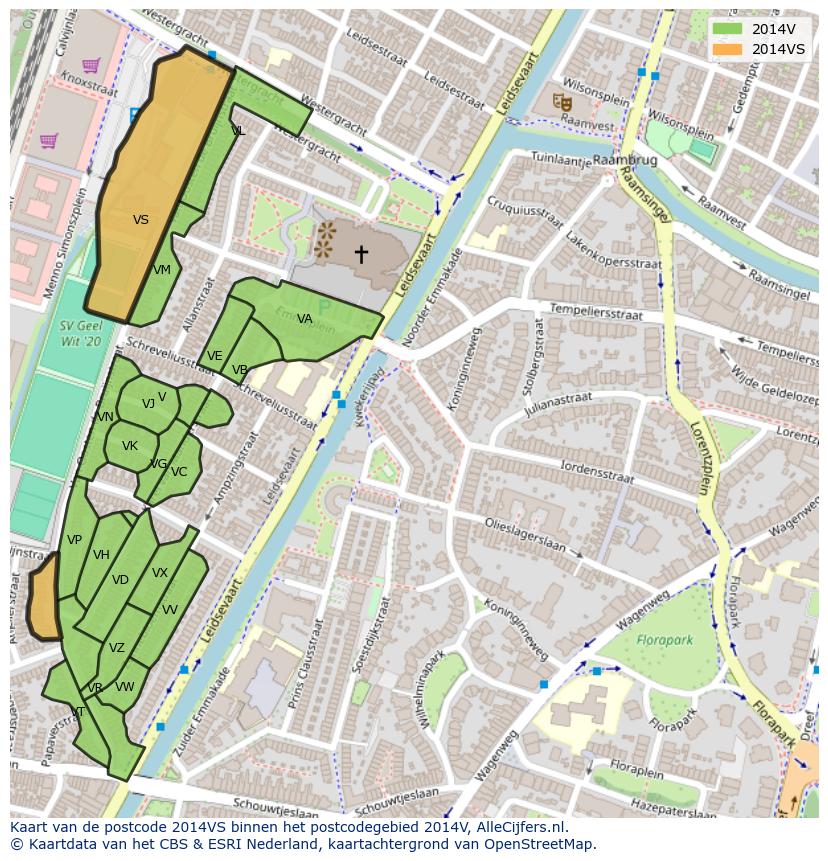 Afbeelding van het postcodegebied 2014 VS op de kaart.