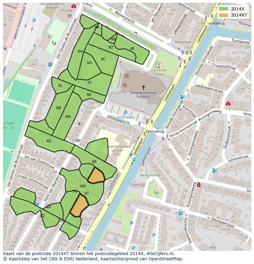 Afbeelding van het postcodegebied 2014 XT op de kaart.