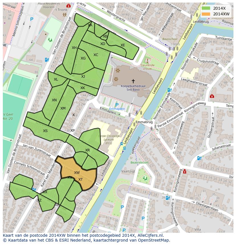 Afbeelding van het postcodegebied 2014 XW op de kaart.