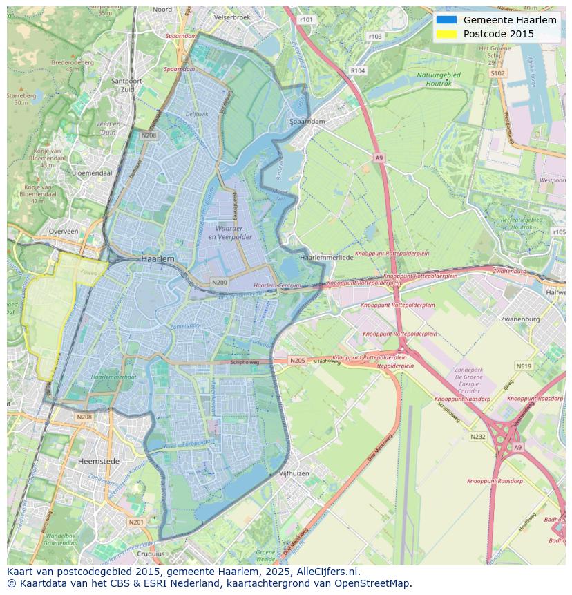 Afbeelding van het postcodegebied 2015 op de kaart.
