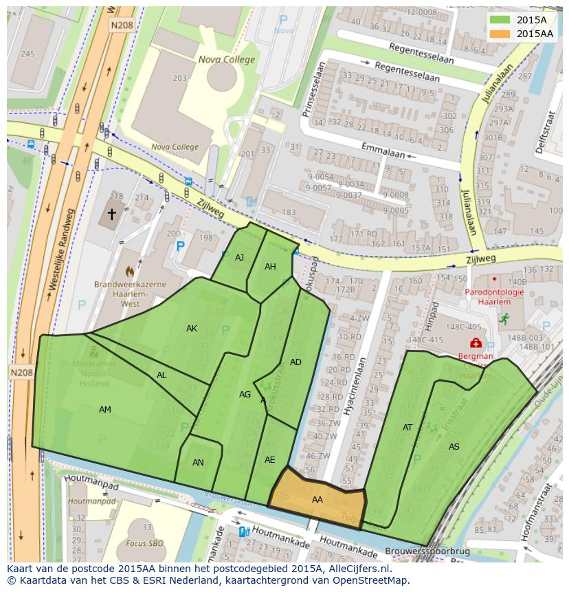 Afbeelding van het postcodegebied 2015 AA op de kaart.