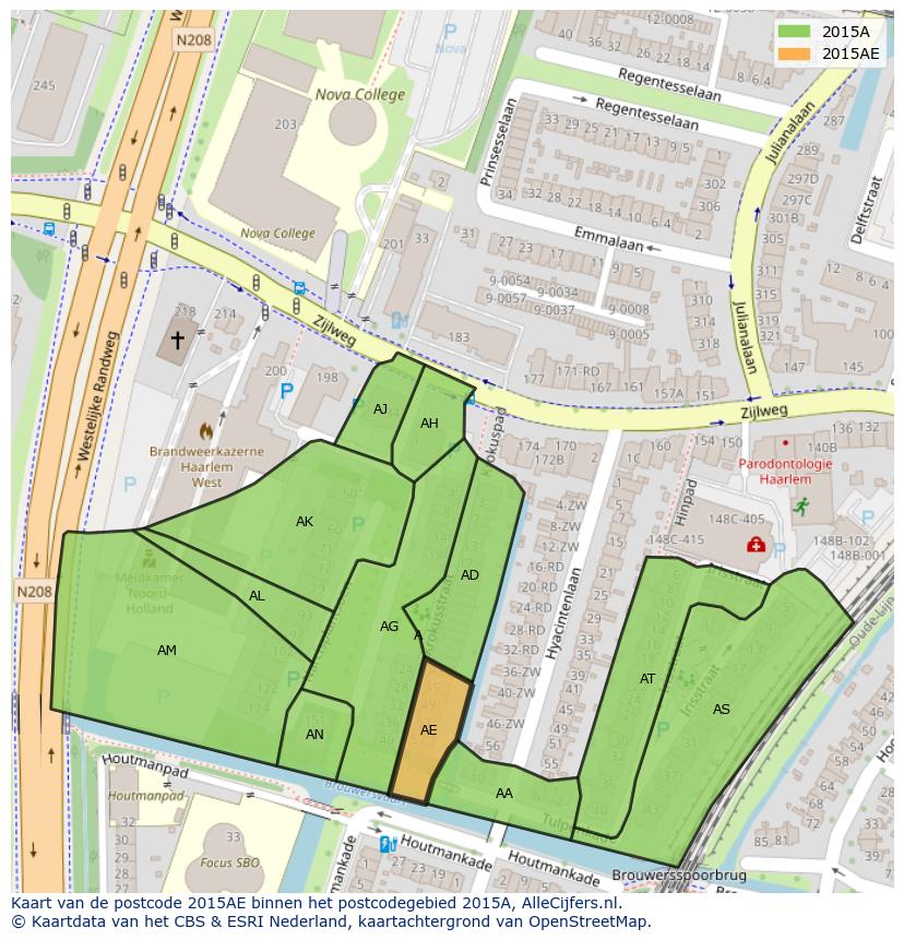 Afbeelding van het postcodegebied 2015 AE op de kaart.