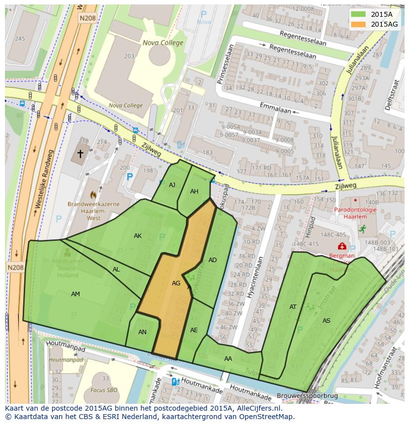Afbeelding van het postcodegebied 2015 AG op de kaart.