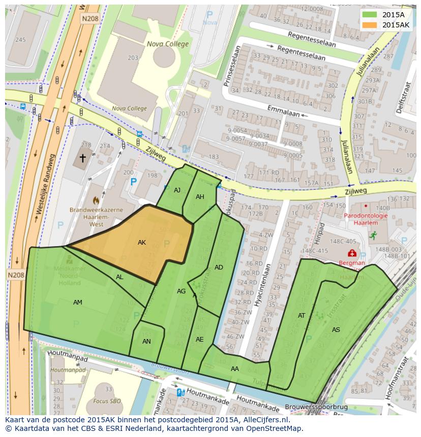 Afbeelding van het postcodegebied 2015 AK op de kaart.