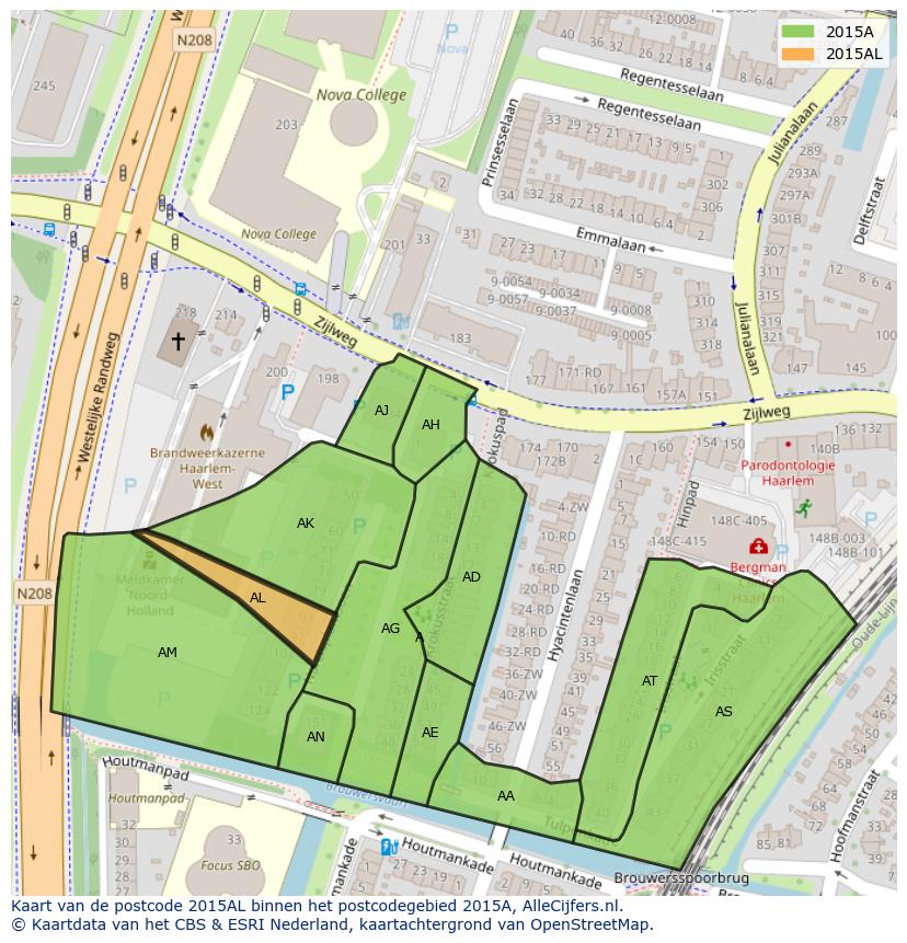 Afbeelding van het postcodegebied 2015 AL op de kaart.