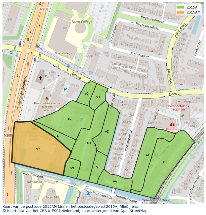 Afbeelding van het postcodegebied 2015 AM op de kaart.