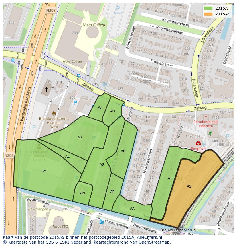 Afbeelding van het postcodegebied 2015 AS op de kaart.