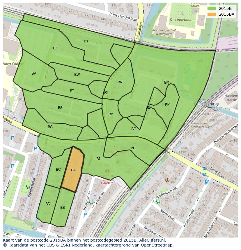 Afbeelding van het postcodegebied 2015 BA op de kaart.