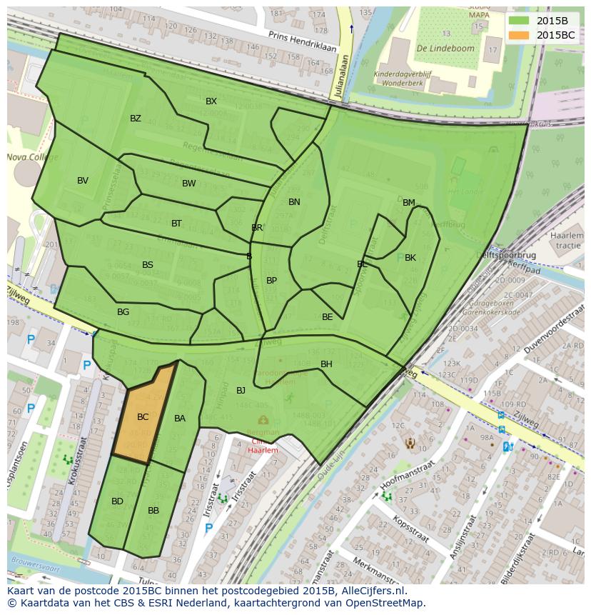 Afbeelding van het postcodegebied 2015 BC op de kaart.