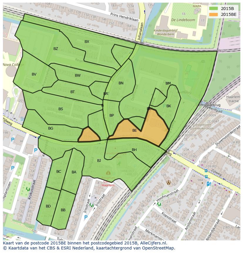 Afbeelding van het postcodegebied 2015 BE op de kaart.