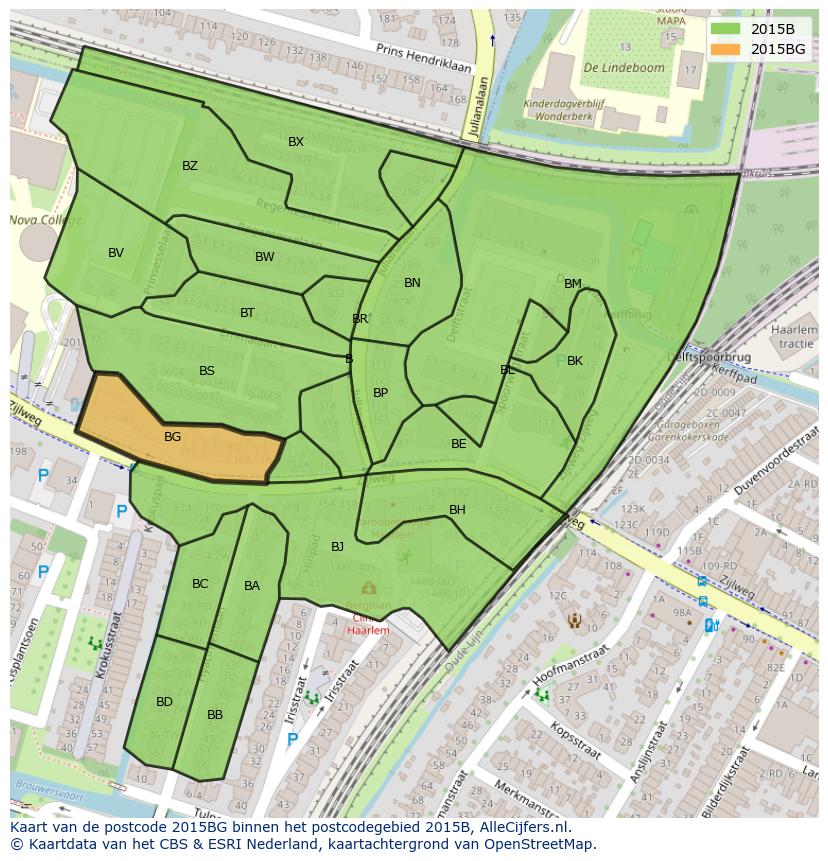 Afbeelding van het postcodegebied 2015 BG op de kaart.