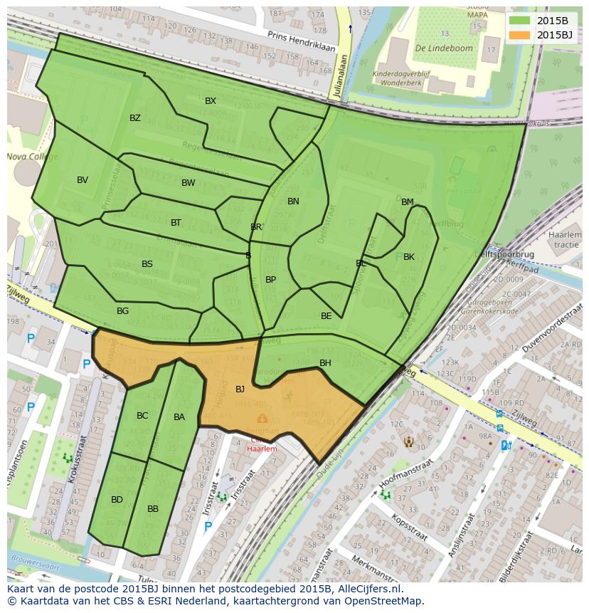 Afbeelding van het postcodegebied 2015 BJ op de kaart.