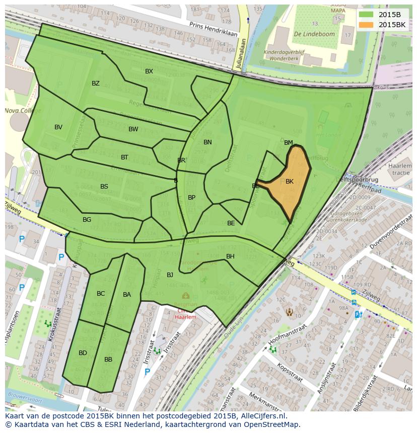 Afbeelding van het postcodegebied 2015 BK op de kaart.