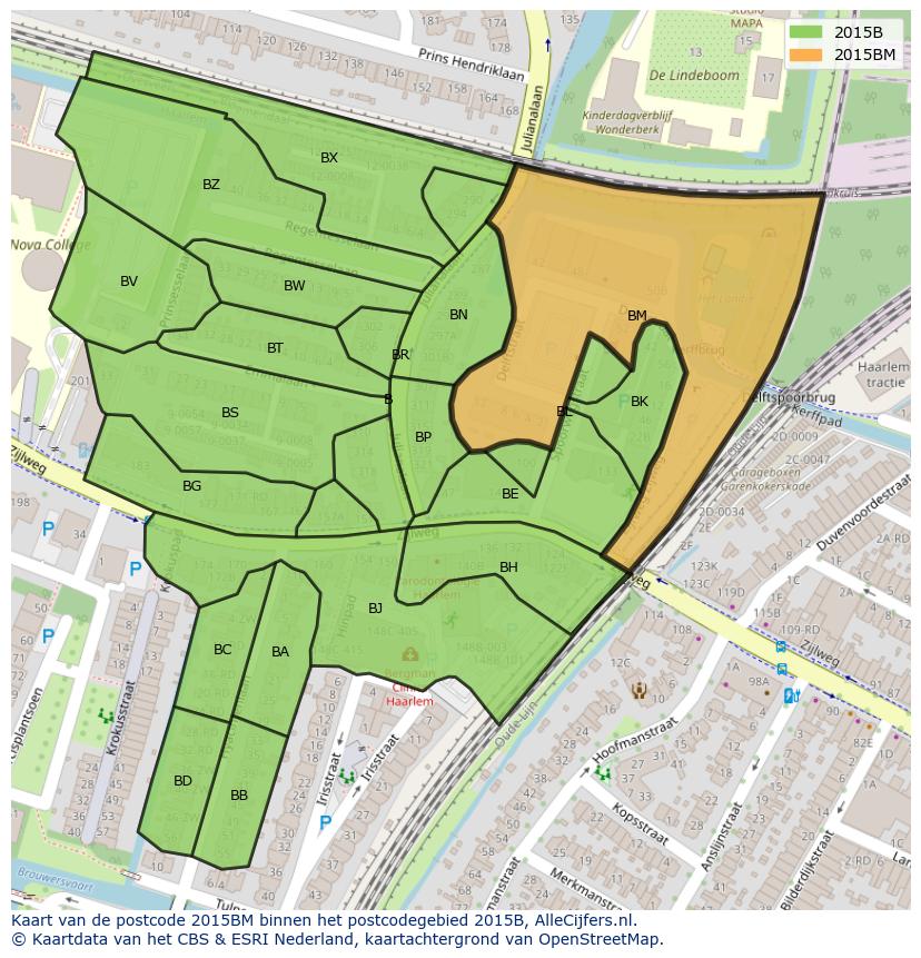 Afbeelding van het postcodegebied 2015 BM op de kaart.