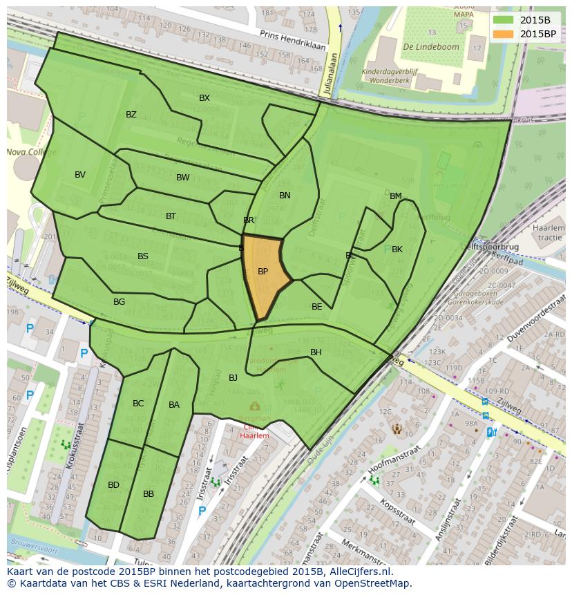 Afbeelding van het postcodegebied 2015 BP op de kaart.