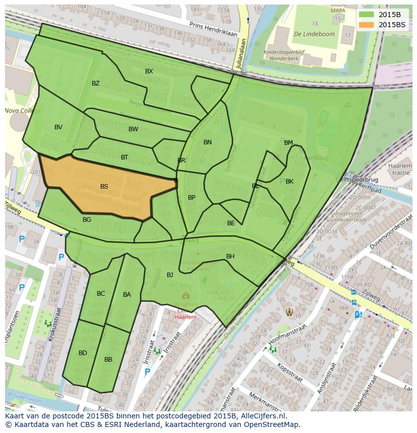 Afbeelding van het postcodegebied 2015 BS op de kaart.