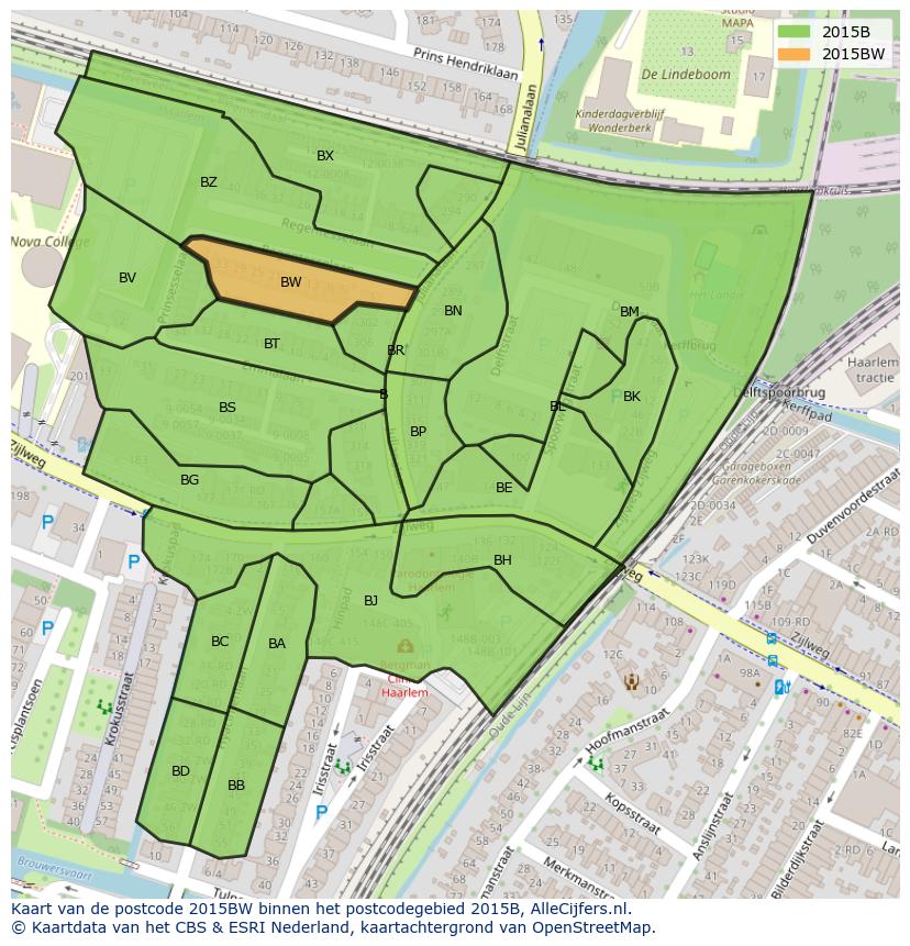 Afbeelding van het postcodegebied 2015 BW op de kaart.
