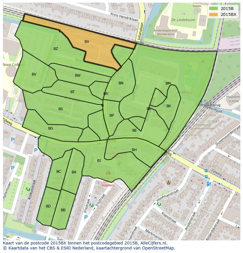 Afbeelding van het postcodegebied 2015 BX op de kaart.