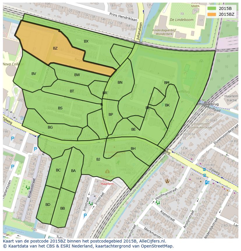 Afbeelding van het postcodegebied 2015 BZ op de kaart.